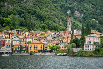 Panorama of the historic village Varenna, Italy, at Lago di Como from the water