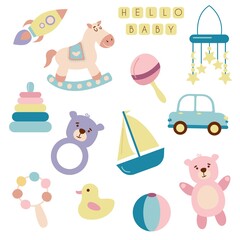 Vector set of boys and girls themed baby images. White background, isolate. Vector illustration. Flat style.