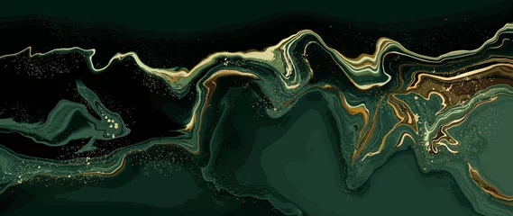 Poster luxe behang. Groen marmer en gouden abstracte textuur als achtergrond. Donkergroene smaragdmarmering met natuurlijke luxe wervelingen van marmer en goudpoeder. © TWINS DESIGN STUDIO