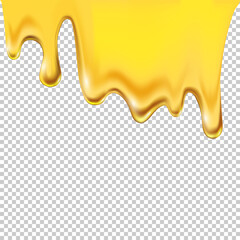Liquid honey syrup dripping. Yellow melted sauce flowing and dropping vector illustration. Golden caramel droplets on transparent background. Delicious sweet food product