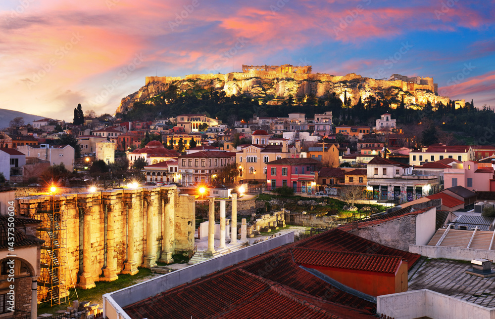 Sticker Panoramic view over the old town of Athens and the Parthenon Temple of the Acropolis during sunrise