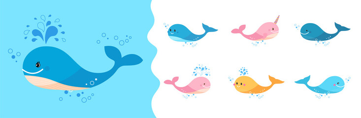 Cute little whale on blue background. Set of colorful different whales and narwhal.