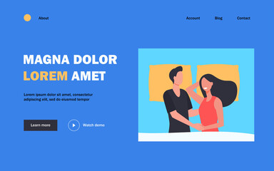 Happy couple lying in bed together and smiling. Pillow, marriage, girlfriend flat vector illustration. Love and relationship concept for banner, website design or landing web page