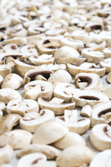 Fototapeta na wymiar Sliced mushrooms laid out to dry. Close-up photo.