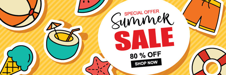 Summer sale banner cover template background. Summer discount special offer cute design. - obrazy, fototapety, plakaty
