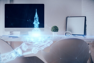 Multi exposure of creative theme drawings and office interior background.