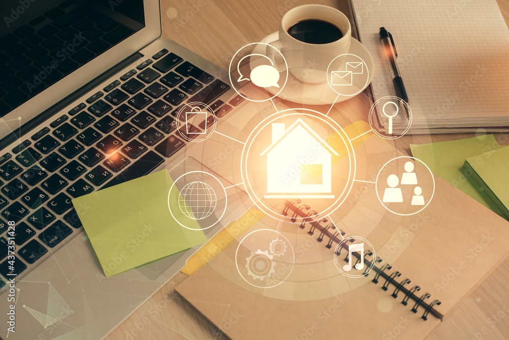 Poster double exposure of buildings drawing and desktop with coffee and items on table background. concept 