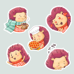 Set of Hedgehog paper stickers. Winter Stickerpack. Cute New Year character in a sweater 2.