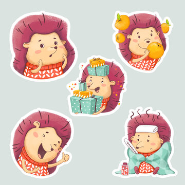 Set of Hedgehog paper stickers. Winter Stickerpack. Cute New Year character in a sweater 4.