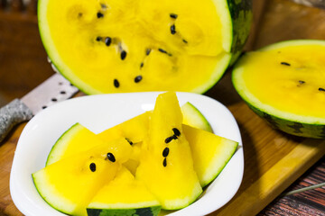 watermelon yellow. Sliced watermelon. Close-up photo of sliced watermelon slices.