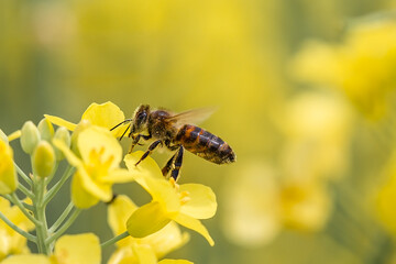 Flying honey bee collecting bee pollen from yellow rapeseed blossom. Bee collecting honey.
