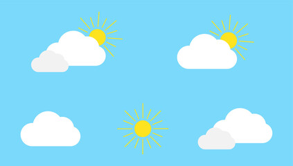 Set with different weather icons. Icons of sun and cloud on a blue background. Sunny vector logo. 