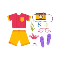 Set of travel stuff for adventure tourism, travel. Journey decorative design with tropical leaves, shells, clothes, accessories, shoes, suitcase, for tourism. Flat cartoon modern vector