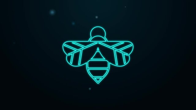 Glowing neon line Bee icon isolated on black background. Sweet natural food. Honeybee or apis with wings symbol. Flying insect. 4K Video motion graphic animation