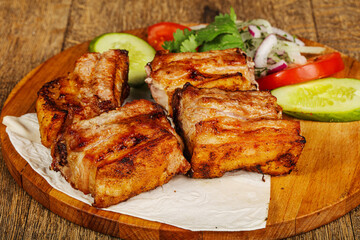 Grilled pork shashlick served vegetables