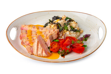 Grilled pork chop and rice with sauce