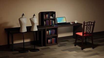 男女のトルソーマネキンが飾られている書斎　部屋　3DCGインテリア