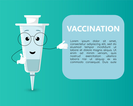 Illustration of a syringe character with Glasses. Vaccination time. Vector flat Cartoon character. Design for childrens hospital list