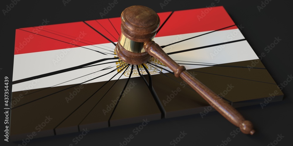 Poster broken block with flag of egypt and judge's gavel. conceptual 3d rendering