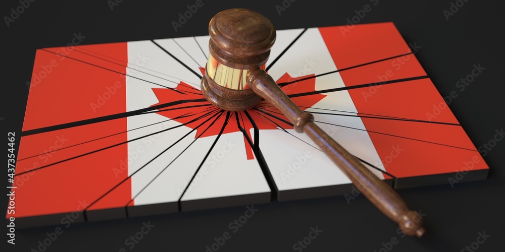 Poster judge's gavel and broken block with flag of canada. conceptual 3d rendering