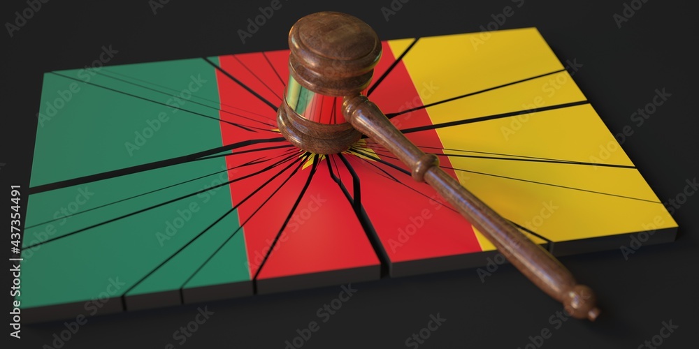 Poster block with flag of cameroon hit by judge's gavel. court related 3d rendering