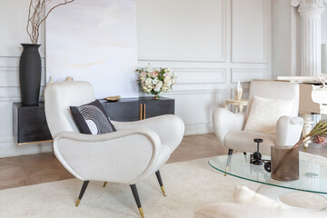 rich luxurious interior of a cozy room with modern stylish furniture nd grand piano, decorated with...