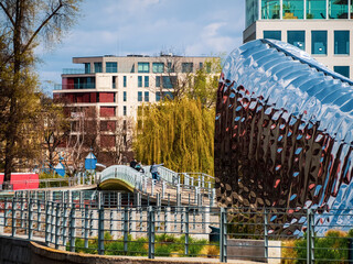 Residential buildings and gathering places in a city.