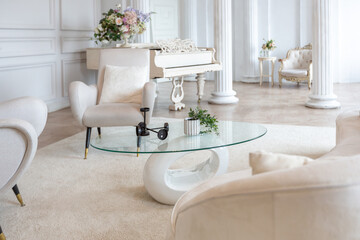 rich luxurious interior of a cozy room with modern stylish furniture nd grand piano, decorated with...