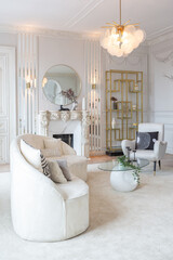 rich luxurious interior of a cozy room with modern stylish furniture nd grand piano, decorated with baroque columns and stucco on the walls