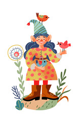 Girl garden gnome with birds. Funny little female dwarf statue vector illustration. Midget in hat and costume standing and smiling with birds in hands and on cap on white background