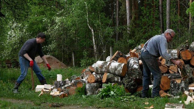 Elderly person and young man are chopping birch logs with an axes outdoors. Firewood splitting