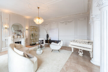 rich luxurious interior of a cozy room with modern stylish furniture nd grand piano, decorated with...