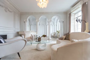 Fotobehang Hotel chique rich luxurious interior of a cozy room with modern stylish furniture nd grand piano, decorated with baroque columns and stucco on the walls  © 4595886