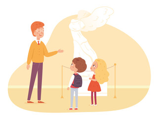 Children in art sculpture museum. Kids looking at white stone female figure in exhibition vector illustration. School excursion scene with instructor guide teaching, boy and girl listening