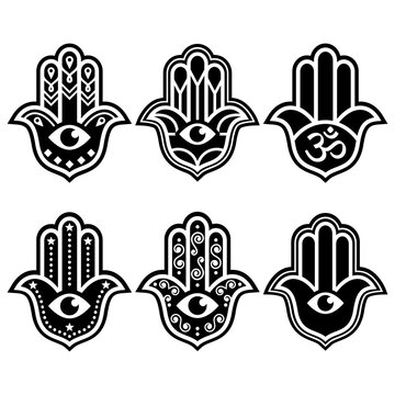 Hamsa hand with evil eye geometric vector design set - symbol of protection, spirituality in white on black background
