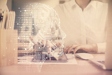 Double exposure of brain sketch hologram and woman holding and using a mobile device.