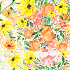 Seamless watercolor pattern with a floral pattern of leaves, berries, plants and fruit peach.
Peach, apricot pattern with tropic fruits, leaves, flowers background. Chamomile flower, calendula.