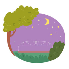 Tree with bench in garden or park at night background. Green branches, lawn with grass, bushes, place to sit and look at sky with stars and moon vector illustration. Field in summer wallpaper
