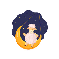 Sheep on the moon with stars on a blue background.