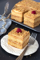 Homemade honey cake on slate background. Honeycomb with raspberry. Dark background. Selective focus.