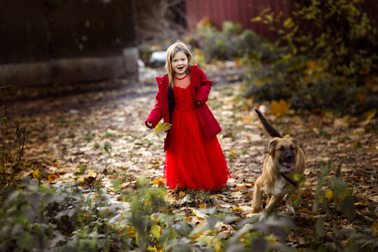 Cute funny caucasian child girl in red coat with dog in autumn street, children and animals