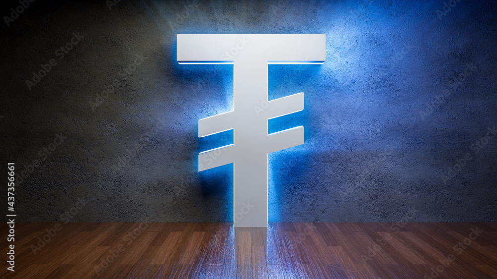 Poster symbol of mongolian tã¶grã¶g glowing in empty concrete room as currency signï¼œ3d rendering