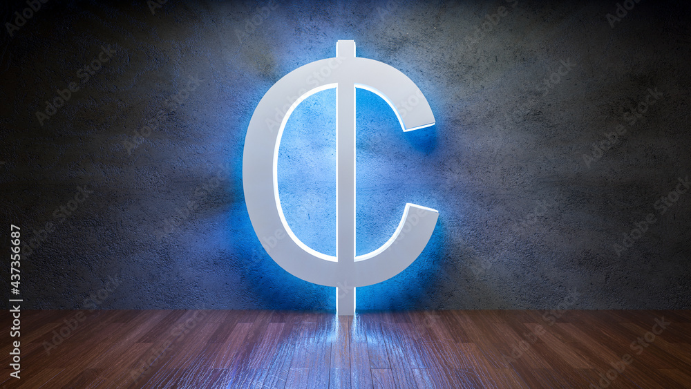 Poster symbol of ghanaian cedi glowing in empty concrete room as currency signï¼œ3d rendering