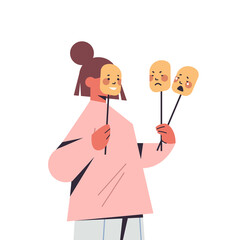 woman holding masks with different emotions fake feeling mental disorder changing natural personality