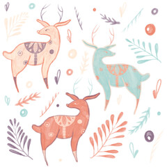 Set with illustration of cute lamas, deer, decorative leaves, branches, doodles, dots. Pink childish collection isolated on white background.