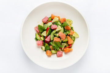 fish salad on the white plate