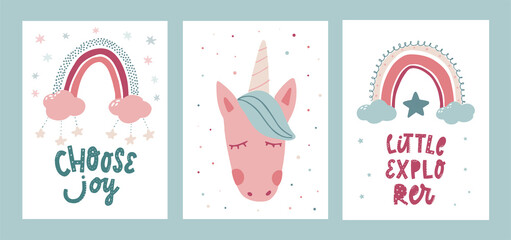 set of nursery posters decorated with rainbows, lettering quotes and unicorn. Good for greeting cards, kids apparel, prints, stickers, signs, etc. 