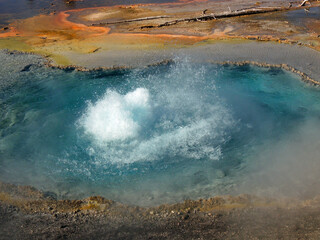   pretty blue  hot spring and orange microbial mat along firehole lake drive in yellowstone national park, wyoming     - obrazy, fototapety, plakaty