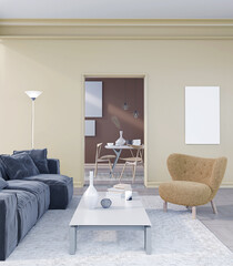 Mock up poster frame in modern interior background, 2021 color trend, living room, Scandinavian style, 3D render, 3D illustration