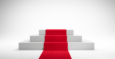 Abstract geometric white background podium with red carpet - 3d illustration - 437357422